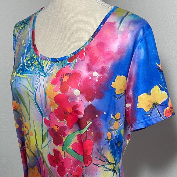 Colorful Short Sleeve Dress XL Pink Purple Yellow Floral Round Neckline Breezy - Picture 3 of 9